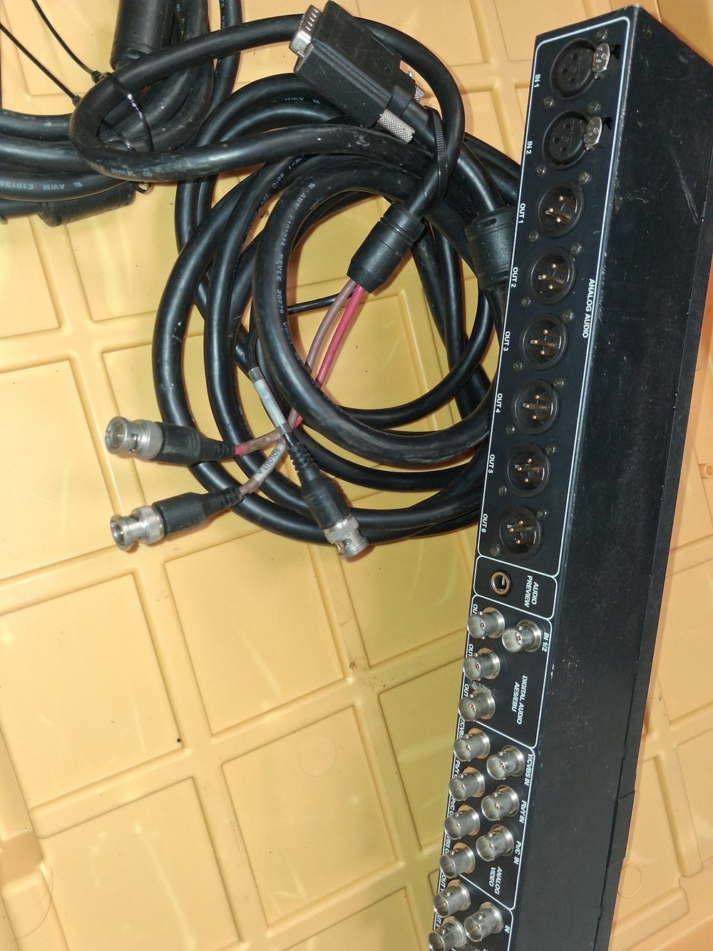 Matrox XLNKLE breakout box for video editing.

It features numerous BNC connecto